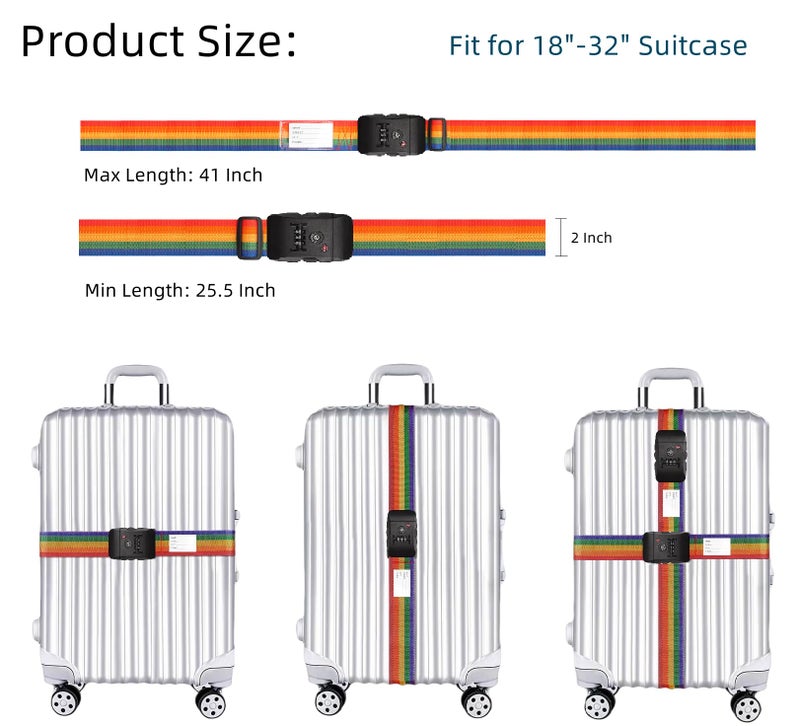 Fullplus Travel Luggage Strap Adjustable Suitcase Packing Belt with TSA Combination Lock 2 Pack Rainbow 2P - Image 2